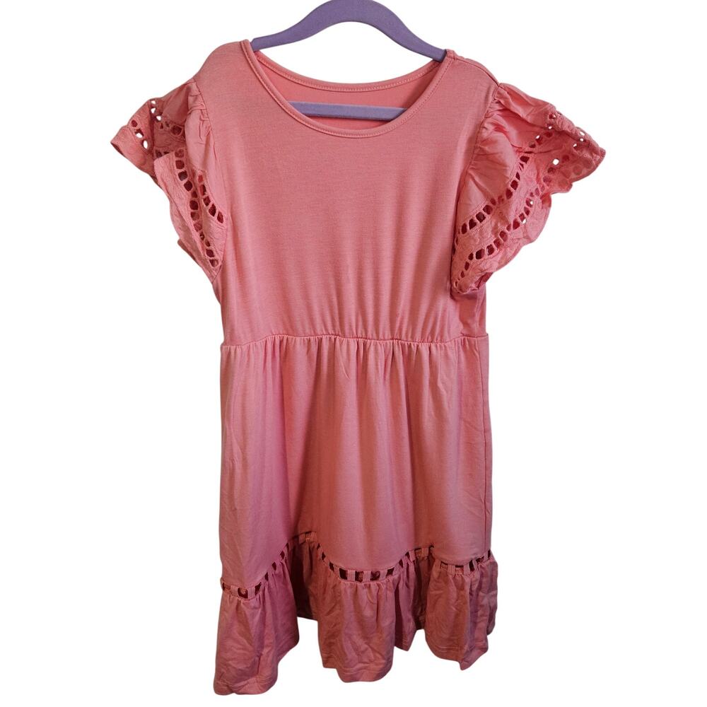 Ruffled Eyelet Lace Trim Dress Peach Pink Summer Tea Special Occasion Girls L